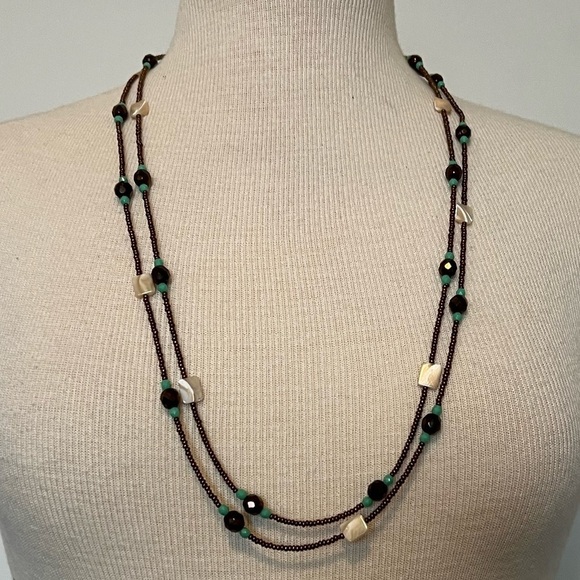 Brown, Teal and Tan/Cream Beaded Necklace. - Picture 1 of 4